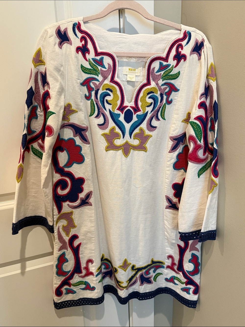 White Embroidered Tunic with Multicolor Scrollwork